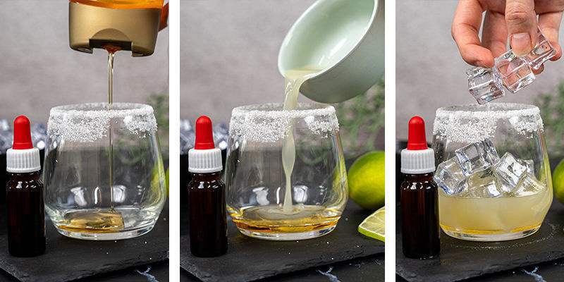 Kombinera sockerlag och limejuice i ditt saltade glas och rör om så att det blandas Kombinera sockerlag och limejuice i ditt saltade glas och rör om så att det blandas