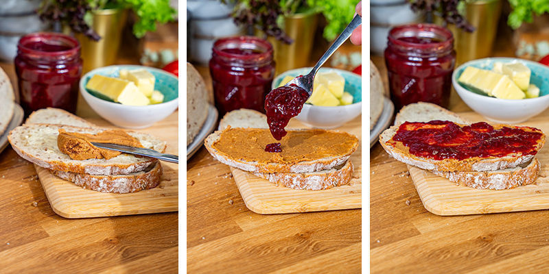 Bred jordnötssmör och sylt på den ena skivan (med smörsidan upp) Spread Your Peanut Butter And Jam On One Piece Of Bread (Butter-side Up)