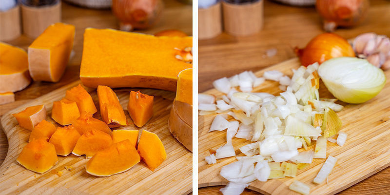 Hacka butternutpumpa, lök och vitlök. Lägg åt sidan Chop The Butternut Squash, Onion, And Garlic. Set To One Side
