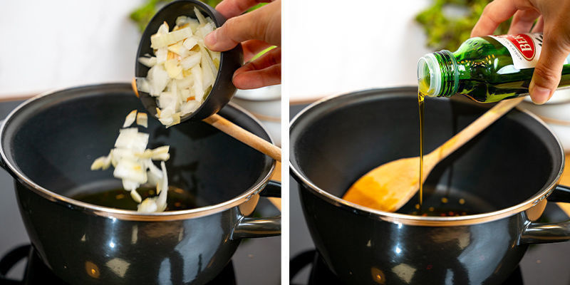 Fräs löken i en kastrull i kokos- eller olivolja. När löken blivit genomskinlig, tillsätt vitlöken och låt den fräsa tills den doftar N A Pot, Sauté The Onions In The Coconut Or Olive Oil. Add Garlic In Once The Onions Are Translucent, And Cook Until Fragrant