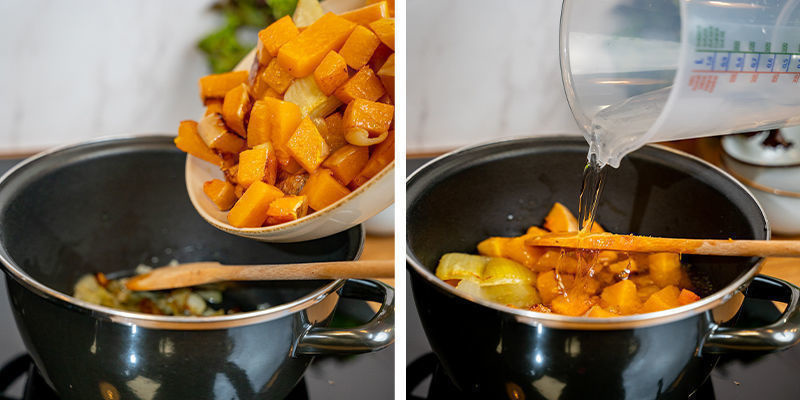 Tillsätt den rostade pumpan och grönsaksbuljong tillsammans med vattnet, och låt allt sjuda Add The Roasted Squash And Vegetable Stock With The Water, And Bring To A Simmer