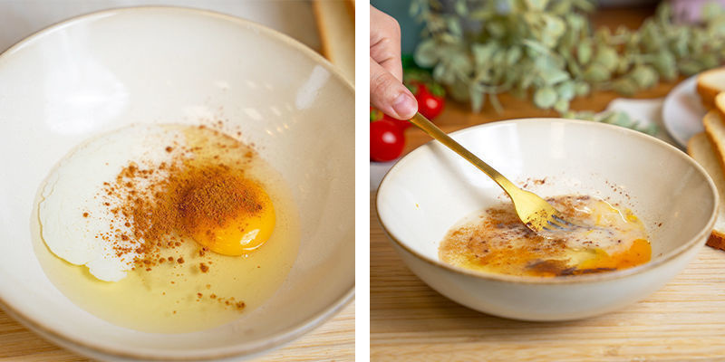I en skål, vispa ihop ägg, en skvätt mjölk, vaniljextrakt och kanel till en smet. I en skål, vispa ihop ägg, en skvätt mjölk, vaniljextrakt och kanel till en smet.