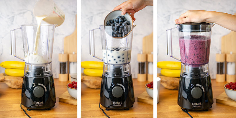 Häll mjölken i mixern och tillsätt blåbären lite i taget. Pulsmixa tills allt precis gått ihop. Häll mjölken i mixern och tillsätt blåbären lite i taget. Pulsmixa tills allt precis gått ihop.