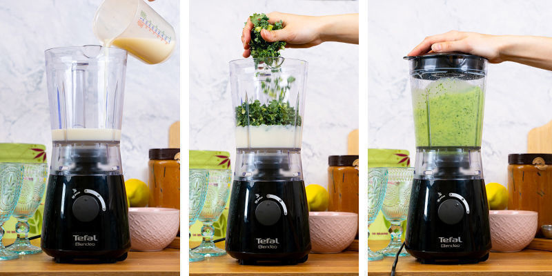 Add milk and kale to the blender and pulse. Add milk and kale to the blender and pulse.