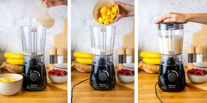 Häll mjölk och frukt i mixern och pulsa tills det går ihop. Add milk and fruit to the blender and pulse until combined.