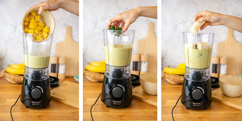 Lägg i fryst spenat, ananas och banan och mixa tills allt är slätt och krämigt. Lägg i fryst spenat, ananas och banan och mixa tills allt är slätt och krämigt.