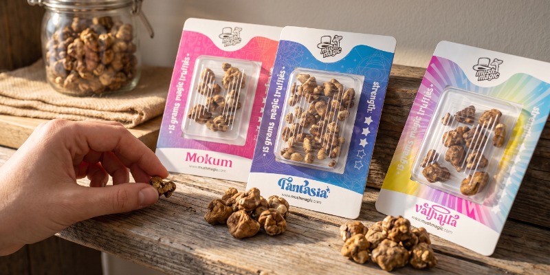 Våra sorter av magiska trufflar, från mildast till kraftigast Våra sorter av magiska trufflar, från mildast till kraftigast