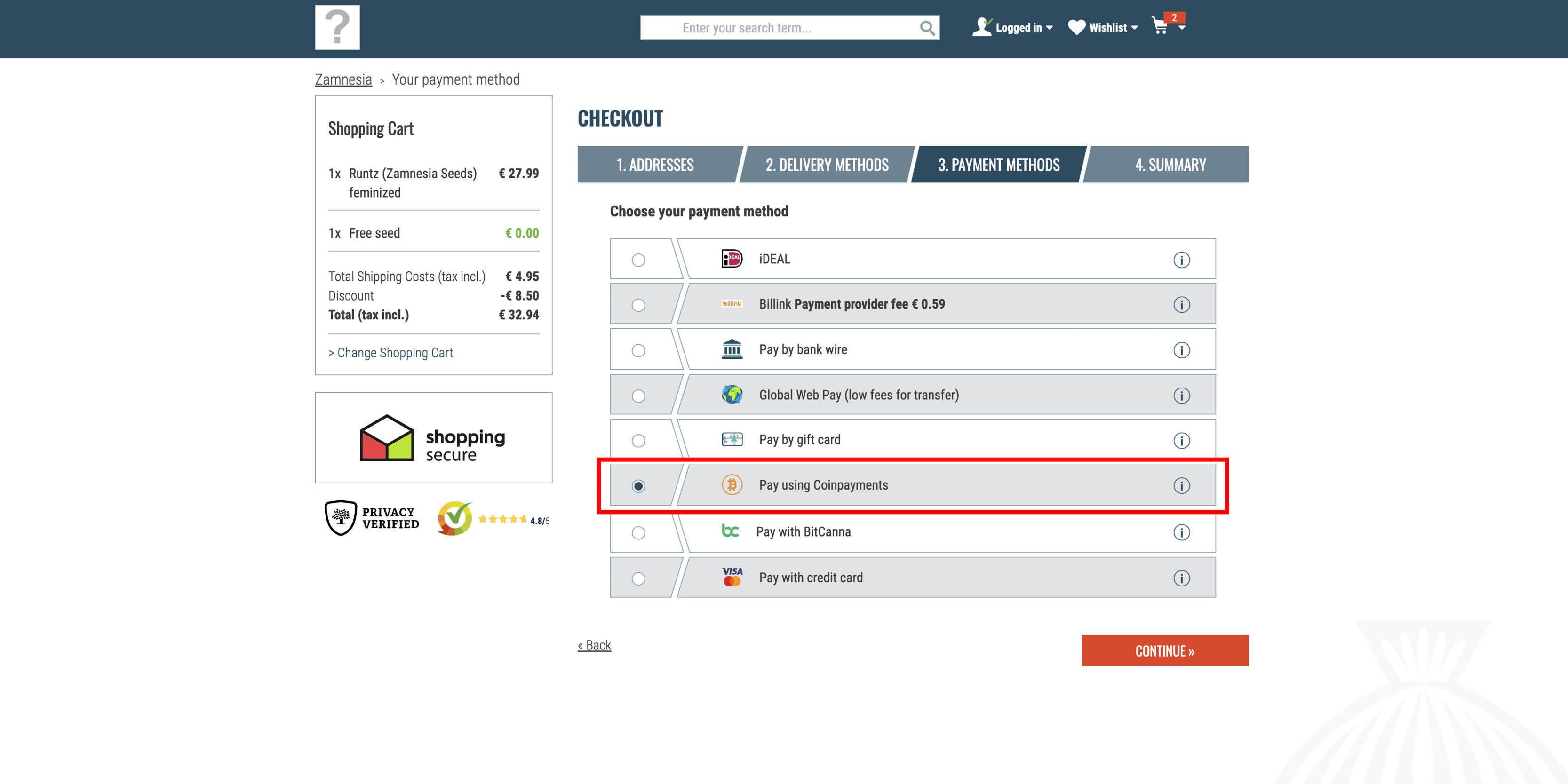 Välj ”Bitcoin” för att fortsätta med en Bitcoin-betalning Select “Bitcoin” To Proceed With A Bitcoin Payment