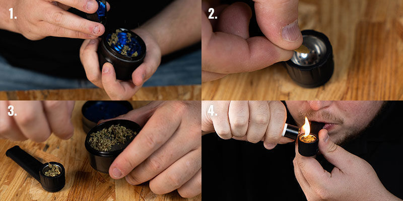 Röka cannabis i en pipa, steg 1–4 Röka cannabis i en pipa, steg 1–4