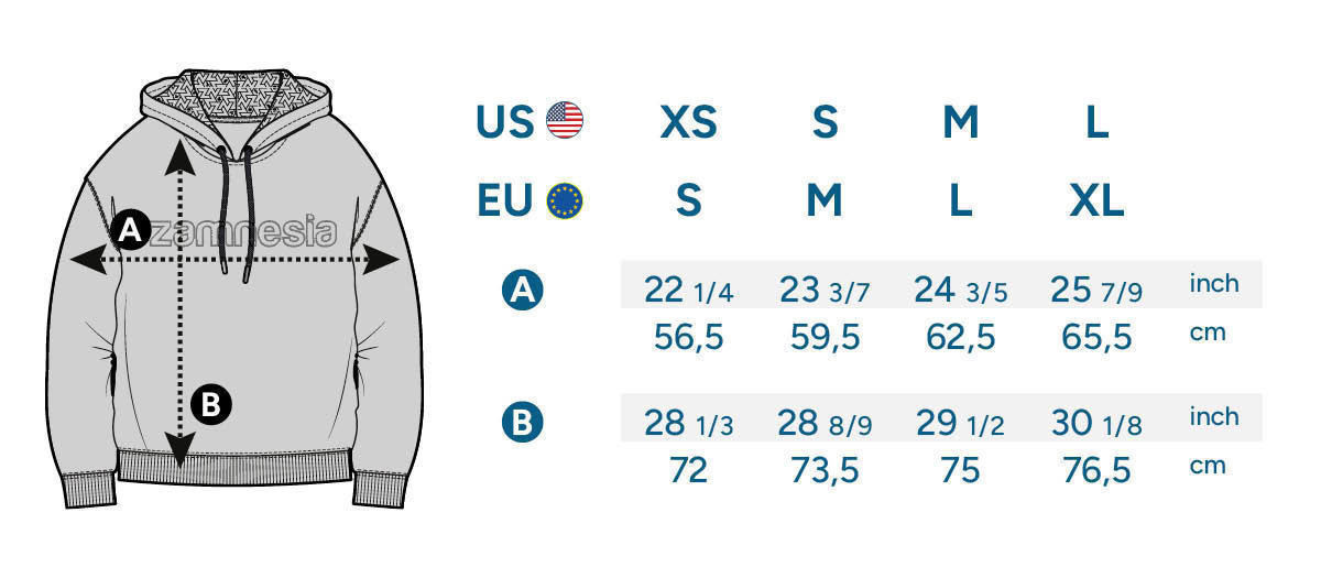 Zamnesia Broderad hoodie – storlekstabell Zamnesia Embroidered Hoodie Size table