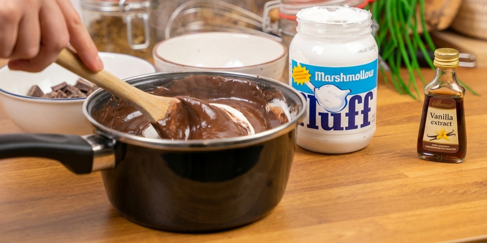 Tillsätt choklad och marshmallowfluff Add chocolate and marshmallow fluff