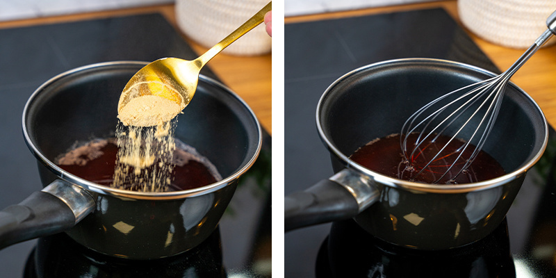 Tillsätt gelatin och lecitin: Vispa gradvis ner det smaklösa gelatinet och sojalecitinet under konstant omrörning tills allt har löst sig helt Tillsätt gelatin och lecitin: Vispa gradvis ner det smaklösa gelatinet och sojalecitinet under konstant omrörning tills allt har löst sig helt