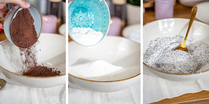 Vispa ihop mjöl, kakao, bakpulver och salt i en mellanstor skål. Whisk the flour, cocoa powder, baking powder, and salt together in a medium bowl.