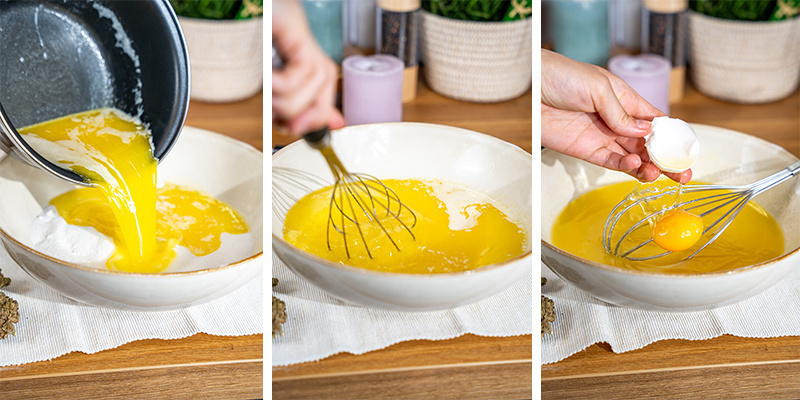 I en stor skål blandar du den smälta cannabuttern med socker tills allt är väl kombinerat. In a large bowl, mix the melted cannabutter with sugar until they are thoroughly combined.