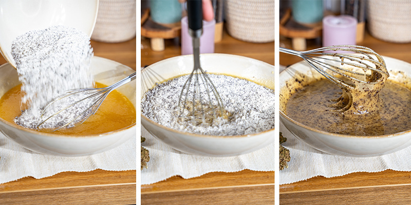 Tillsätt de torra ingredienserna lite i taget i den våta blandningen och rör tills smeten är enhetlig och fri från klumpar. Gradually add the dry ingredients to the wet mixture, stirring until the batter is uniform and there are no lumps left.